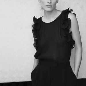 Zara Sheer Black Pleated Top with Ruffle Trim sz M